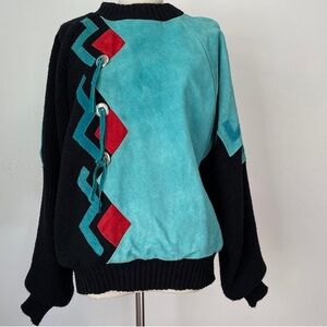 Vintage Pioneer Wear Suede Leather Southwestern Knit Sweater Unisex Rare
